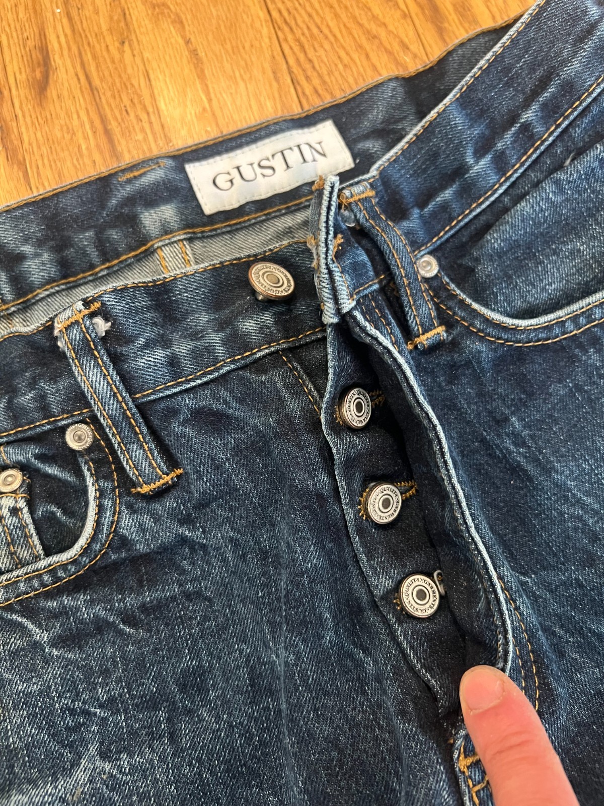 Gustin Selvedge Raw Denim Slim Fit Blue Jeans Mens Size 32 x 32 Made in USA Worn image 8