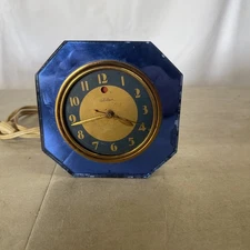 Vintage ART DECO Blue Glass Electric Clock Warren Telechron Works Display Parts
