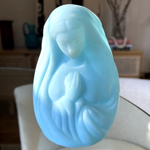 Fenton Blue Satin Glass Madonna Virgin Mary Votive Candle Holder 6” Vintage