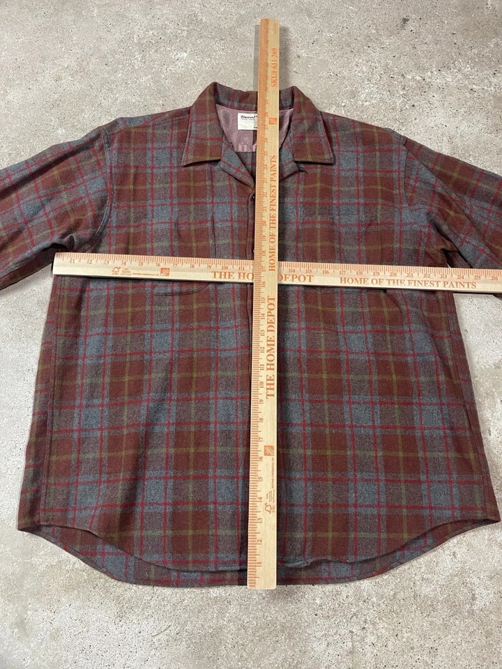 Camisa xadrez vintage anos 50 e 60 gola redonda flanela borgonha XL mistura de lã EUA - Imagem 3 de 4