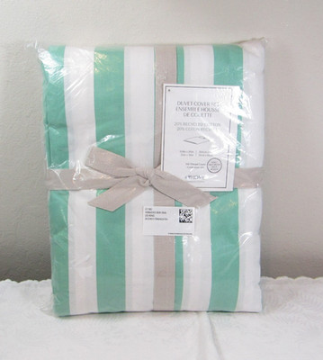 H&M Cotton 144 Thread Count Green & White Stripe King Duvet Cover Set - NIP