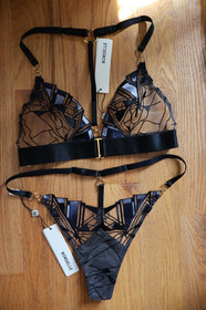 Bordelle Cubism Soft Triangle Bra + Thong Black Blue geometric 24k L Large NWT
