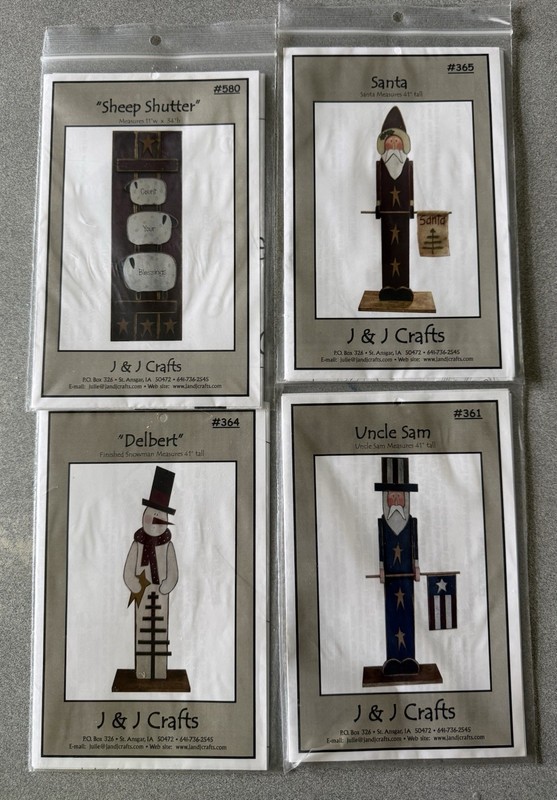 J&J Crafts Woodworking  4 Unused  Pattern Sheep, Santa,Uncle Sam & Snow Man