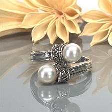 White Faux Pearl and Marcasite Sterling Silver Bypass Ring - Size 7.75