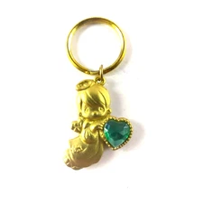 Angel Keychain Gold Tone Green Stone May Birthstone