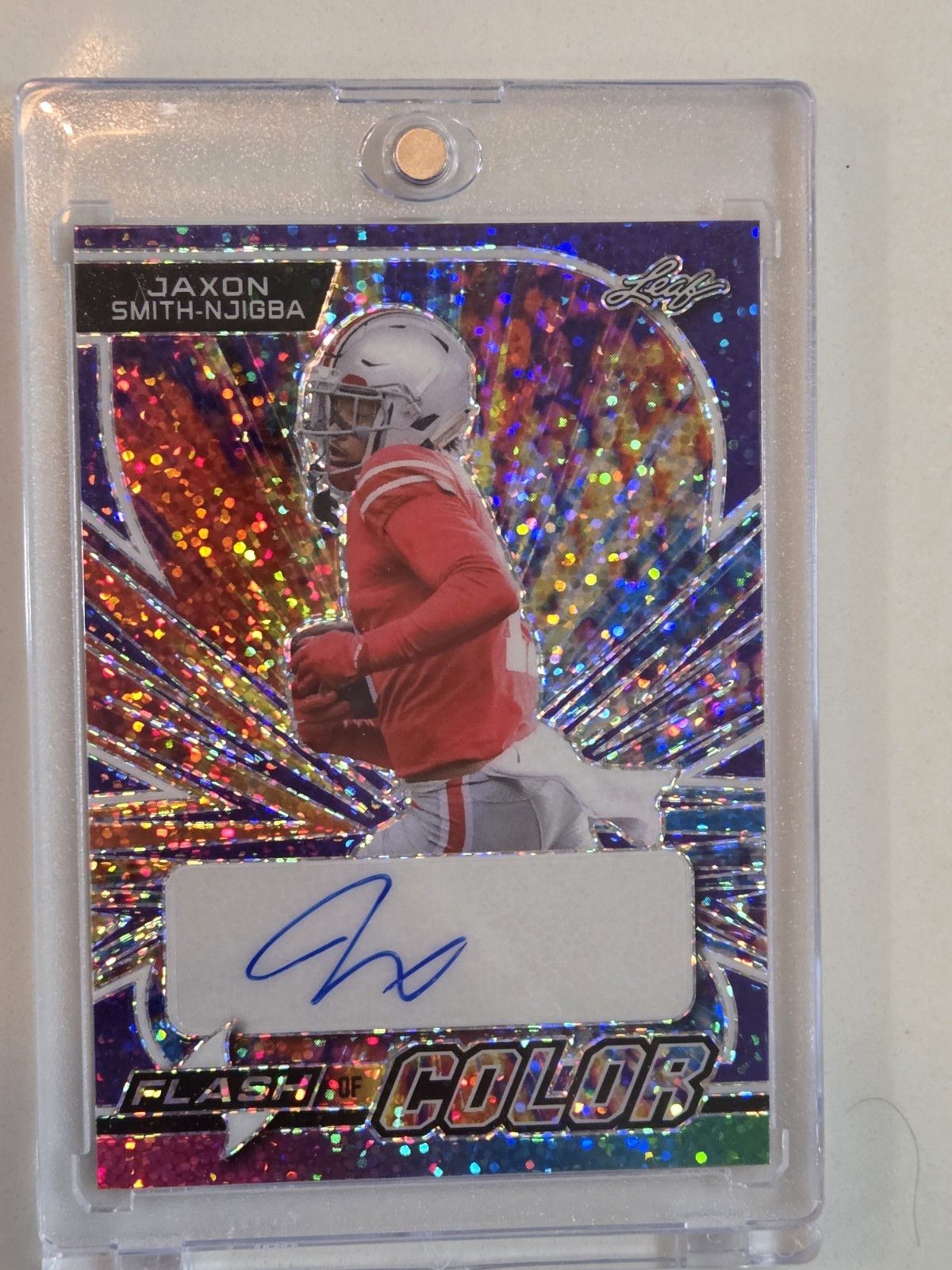 Jaxon Smith-Njigba Leaf Eclectic Flash of Color Autographs #FCJSN Purple Metalized Sparkles