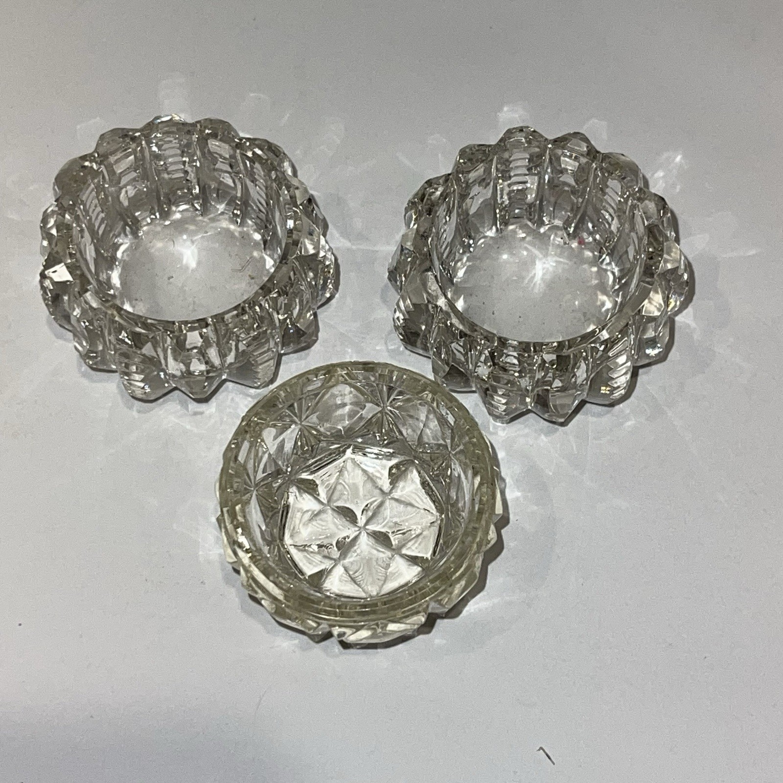 3 Mismatched Vintage Cut Crystal Glass Salt Cellars Dips Dishes Lot EUC
