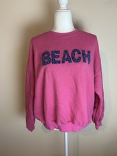 Womens Judith March BEACH Pink Pullover Sweatshirt Size M Rhinestone Crew Gem