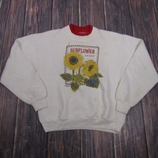 Vintage Morning Sun Sweatshirt Mens Medium White Sunflower Seeds Fleece Pullover