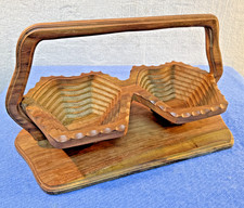 Vintage Twin Folding Wooden Basket Collapsible Fruit Bowl Tray Trivet Retro