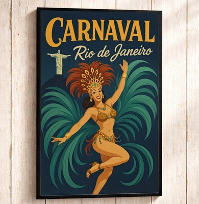 Rio de Janeiro Travel Poster Carnaval Brazil Art, 1950s Retro Carnival