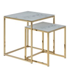 Image of Side Table Set of 2 Tempered Marble Glass Top Gold Chrome Frame Modern