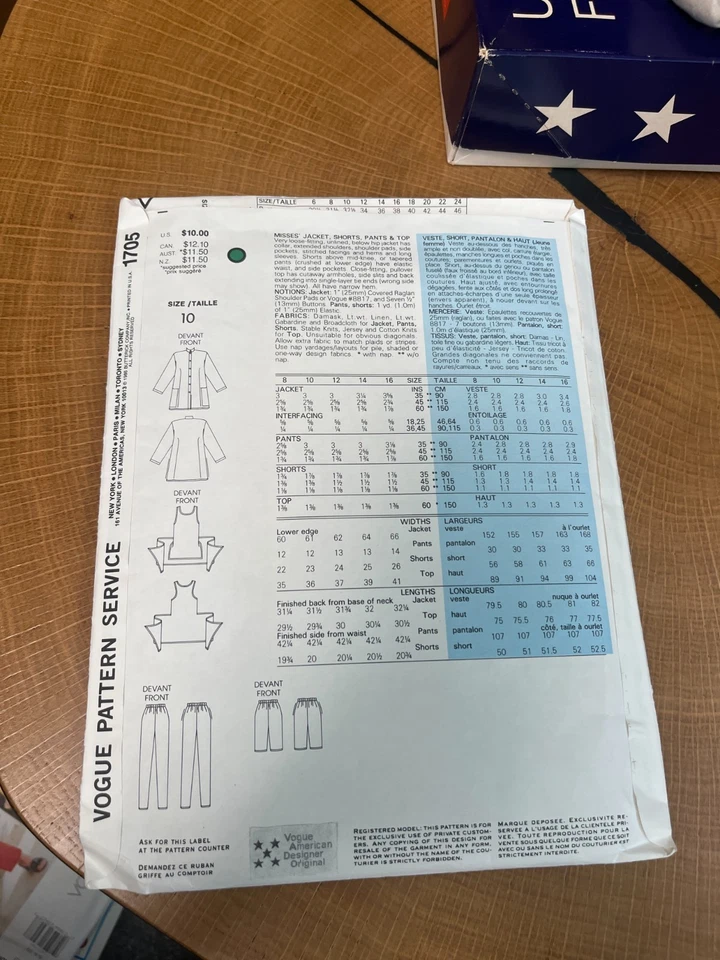 FREE SHIP! 1705 Vogue Patterns Individualist ADRI Size 10 Jacket Shorts Pants To - Image 2 of 2