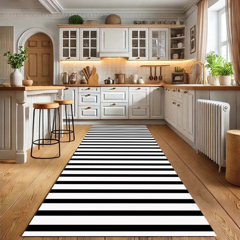 Alfombra de corredor a rayas blancas negras, alfombra de pasillo moderna, alfombra minimalista para decoración del hogar Foto 3 de 4