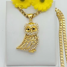 Yellow Gold Plated Owl Pendant & Cuban Chain Necklace. Oro Laminado. 