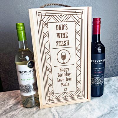 Ausgefallene Bordüre Weinvorrat Papa Geburtstag personalisiert zwei Flaschen Wein Geschenkbox