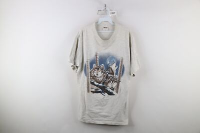 Vintage 90s Streetwear Mens Large Nature Wolf Moon Short Sleeve T-Shirt USA