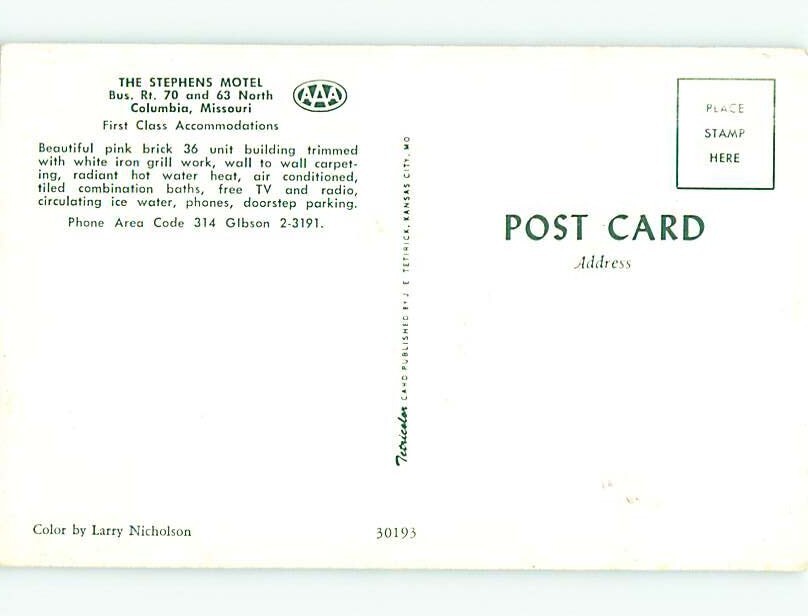 Unused Pre1980 OLD CARS & STEPHENS MOTEL Columbia Missouri MO s5643