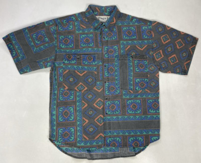 VINTAGE Page 1 Abstract Print Shirt Men Large Multicolor Short Sleeve Pockets