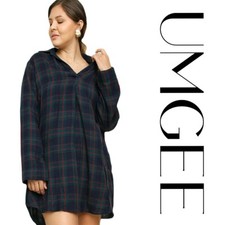 SZE XL UMGEE GREEN/NAVY Plaid Collared Shirt Dress/Tunic BHCS