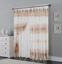 2 Layers Voile Sheer Embroidered Rod Pocket Window Curtain Panel and Valance 037
