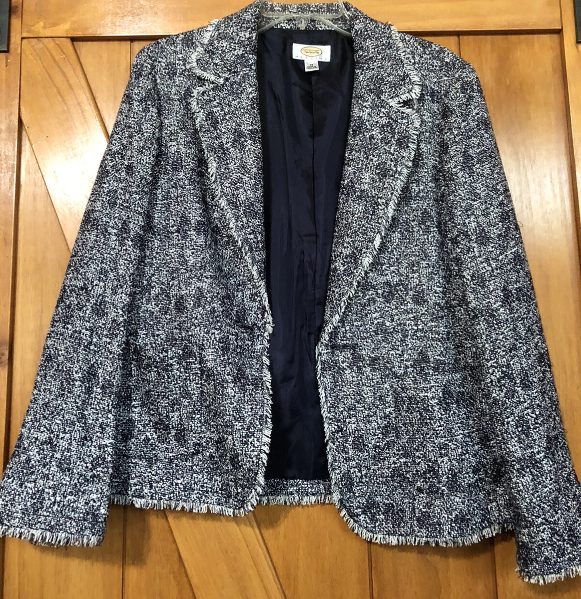 Talbots Blue White Tweed Open Front Cotton Blend Blazer Jacket