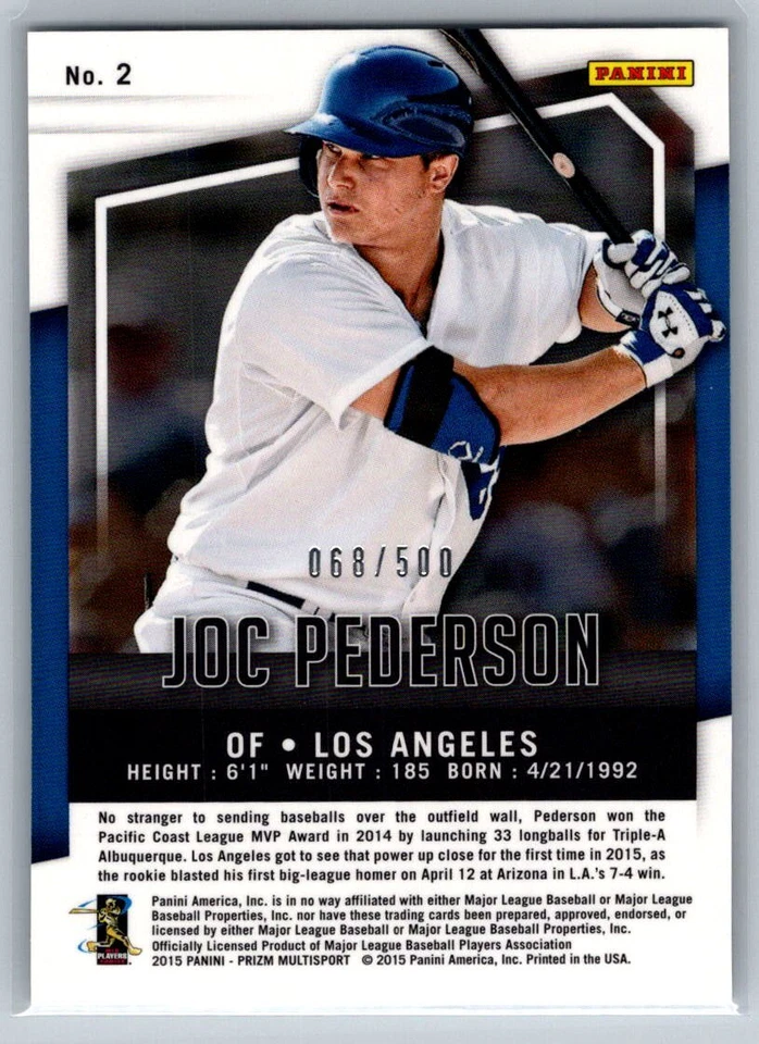 2015 Panini Prizm #2 Joc Pederson RC 068/500 - Image 2 of 2