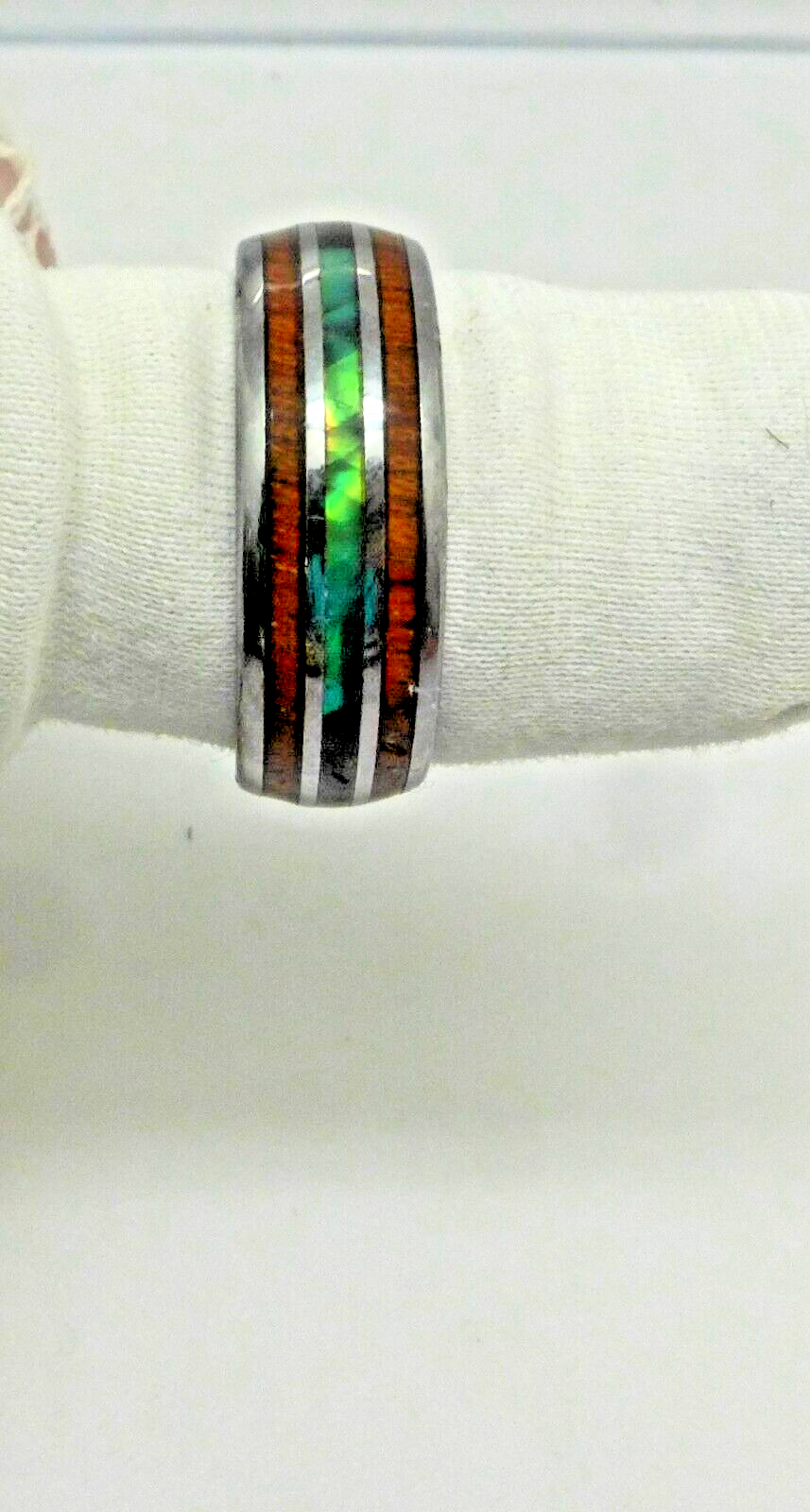 Man's Tungsten Carbide Wood Mother of Pearl Abaloe and Koa Wood Ring 8mm sz 10.5