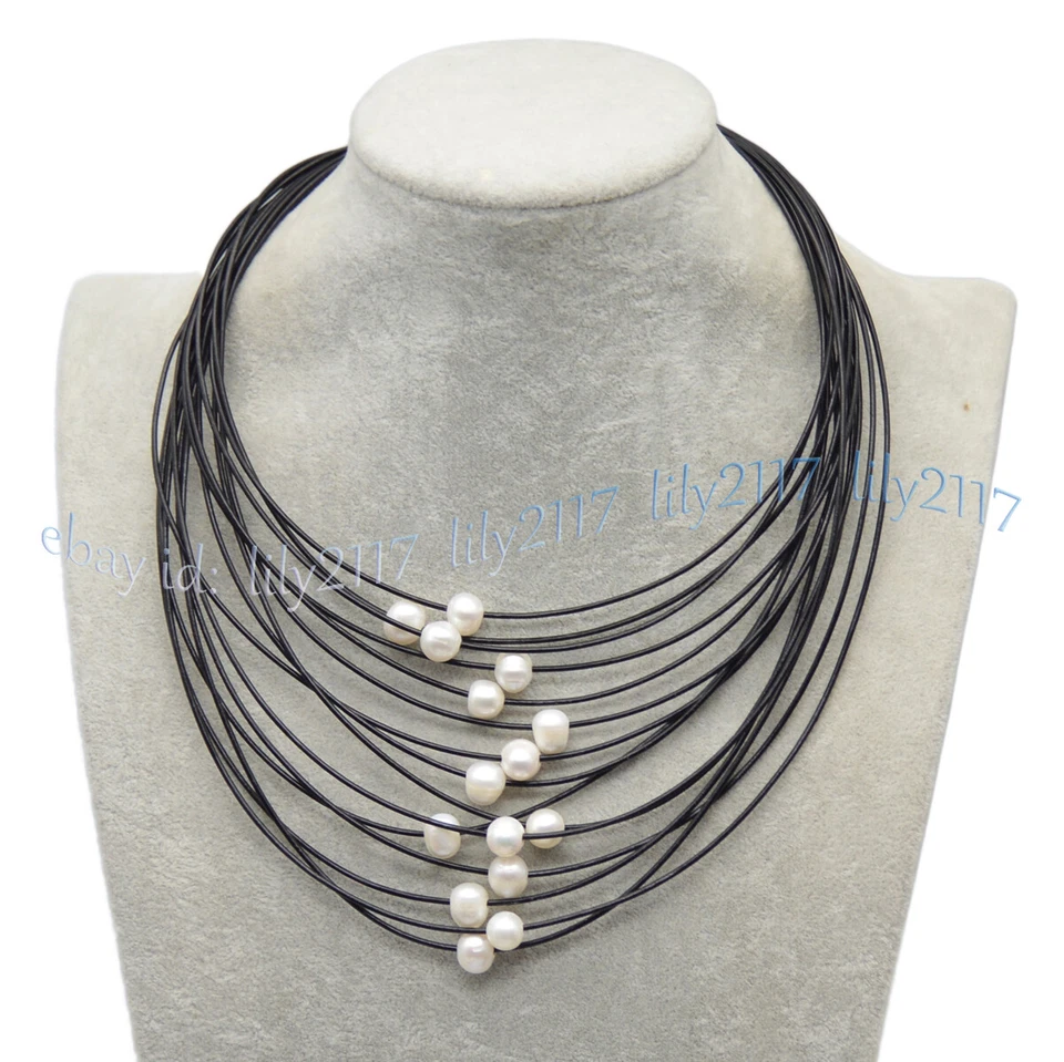 Collar 15 Filas 9-10mm Blanco Plata Negro Perla Cuero Multicolor Cuerda Capas Foto 3 de 4