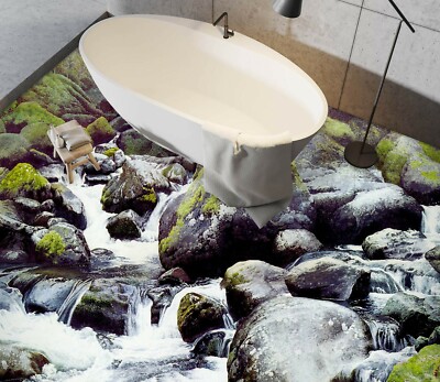 3D Black Stone River PKE971 Floor WallPaper Murals Wallpaper Mural Print Bea