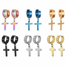 12pcs Men's Women's Stainless Steel Cross Studs Drop Dangle Huggie Hoop Earrings