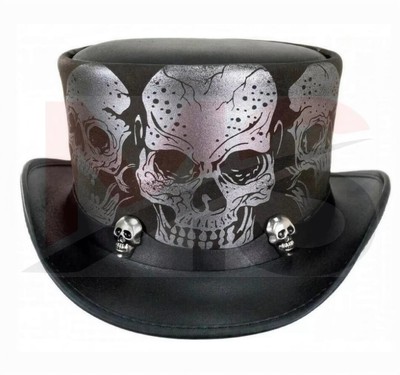 Skull Western Cowboy Leather Top Hat Steampunk Vintage Gothic Biker MC Style