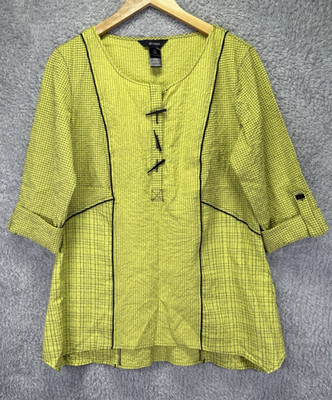 Ali Miles Womens Medium Yellow Black Tunic Top Artsy Toggle Buttons Lightweight