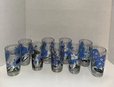 9 Vintage  Boscul Peanut Butter Drinking Glasses - Blue Flowers