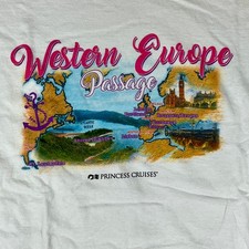 VTG Princess Cruises Western Europe Passage Map Graphic T Shirt White XL Travel