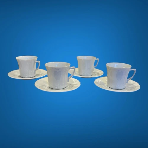 Set of 4 Cups & Saucers Baronesse White Tirschenreuth Germany