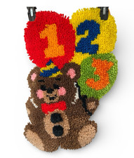 Vintage Bucilla Latch Hook Wall Hanging Rug Completed Birthday Bear 123 Balloons