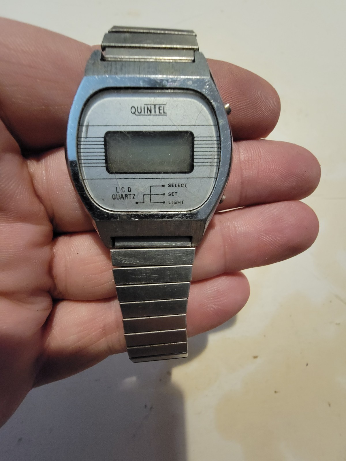 Vintage Quintel Digital Chronograph Quartz Watch Silver Tone 1980s