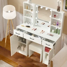 White Makeup Vanity Table Stool Vanity Mirror & LED Lights Dresser Dressing Desk