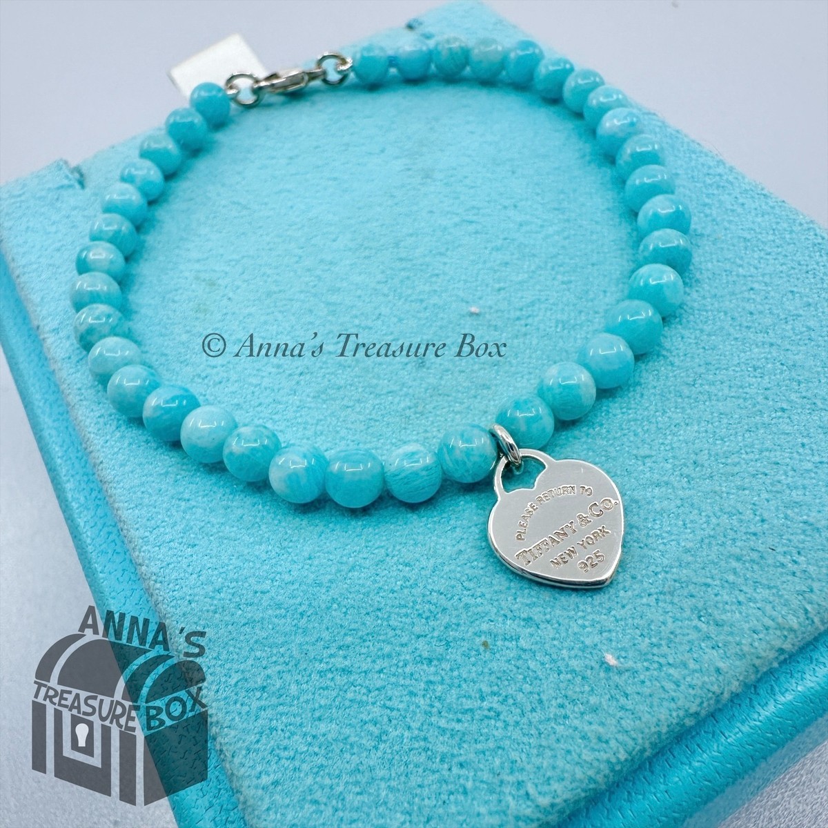Tiffany & Co. 925 Silver Mini RTT Heart 4mm Amazonite 6.75