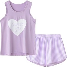 Big Kids Girls Sleeveless Sleepwears Hearts Shape Striped Pajama