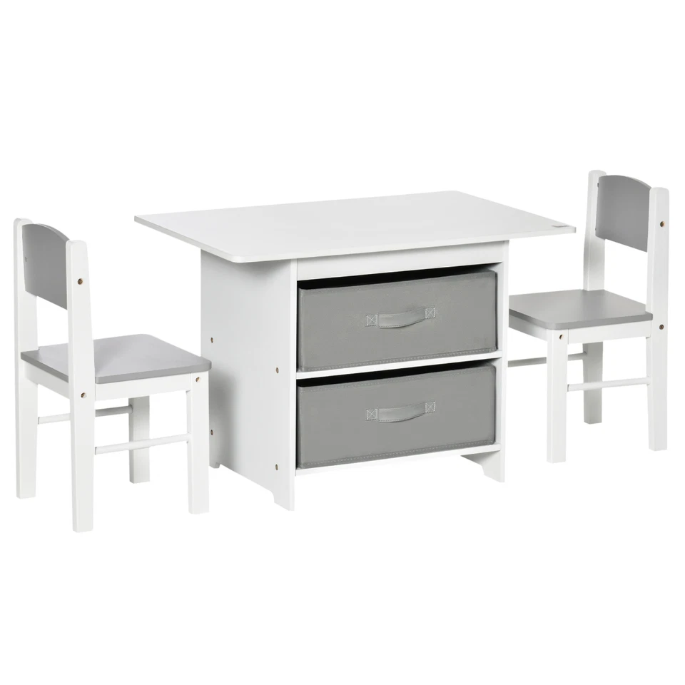 HOMCOM 3 Pcs Kids Table & Chairs Set Toddler Furniture Storage Drawers
