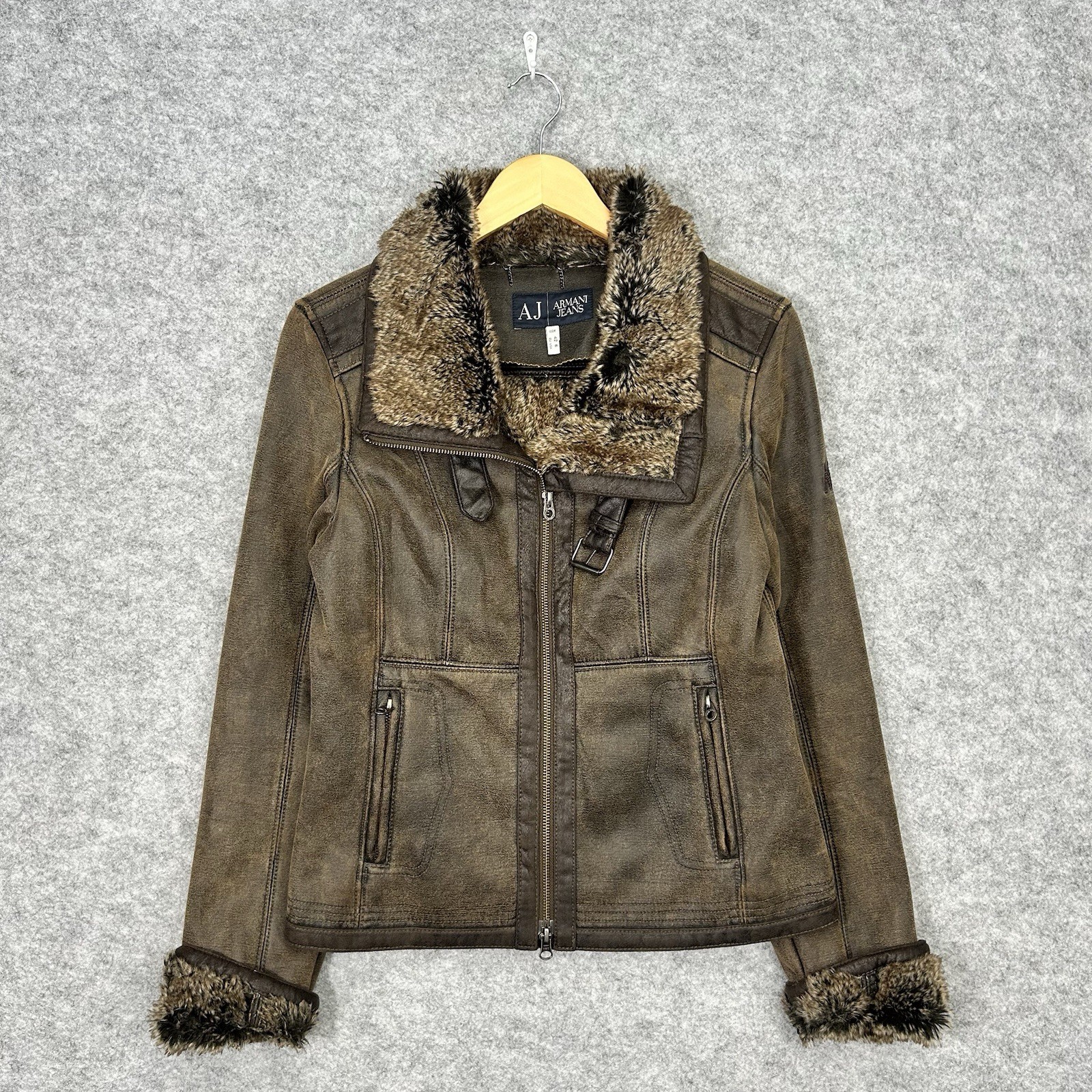 Vintage Armani Jeans Shearling Jacket Women’s EU42 US6 Brown Full Zip Retro Coat
