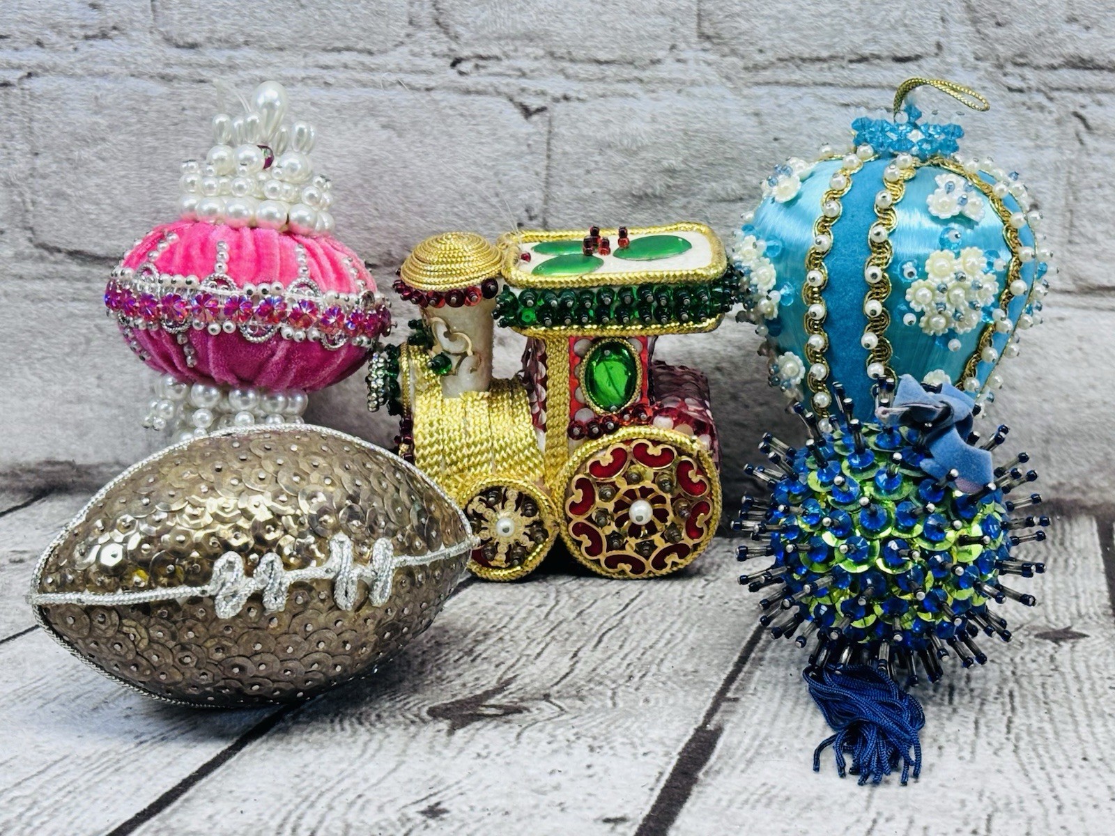 Vintage Handmade Beaded Sequin Ornament Lot of 5 Mixed Shapes 1950s–1970s