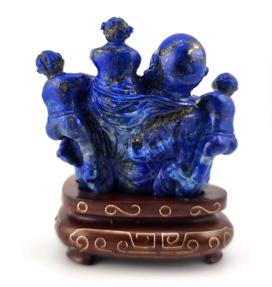 Buda semi-reclinable lapislázuli con 3 niños tallado a mano sobre base de madera Foto 3 de 4
