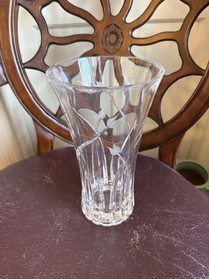 Vintage Etched Crystal Vase Leaf Vine Design Heavy Glass Flared