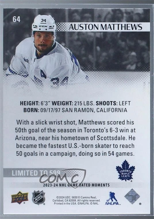 2023-24 Upper Deck Game Dated Moments /599 Auston Matthews #64 - Image 2 of 2