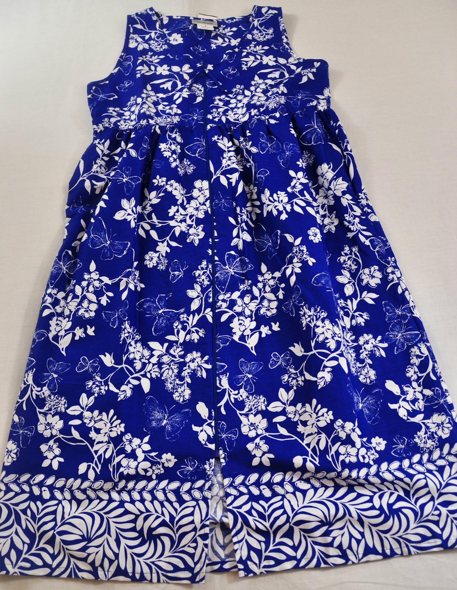 cw classics dresses women's blue and white dress front zipper size small sleeveless Cottagecore