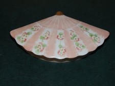 c.1900 HAND PAINTED FAN TRINKET BOX FABRIC INTERIOR FAUX PEARL LACE PORCELAIN