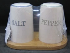 Old East Main Co, Ceramic Salt and Pepper Shakers on Wooden Stand. New.